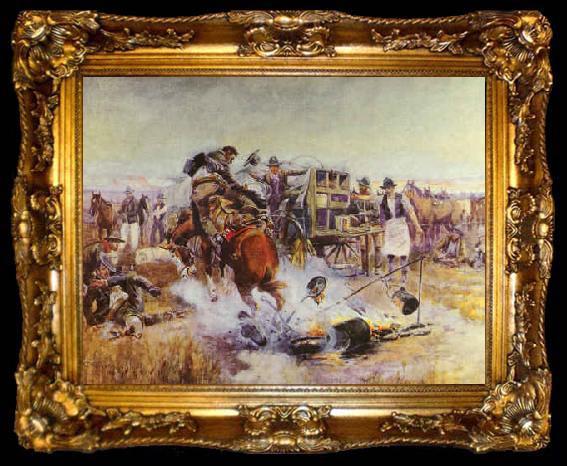 framed  Charles M Russell Bronc to Breakfast, ta009-2